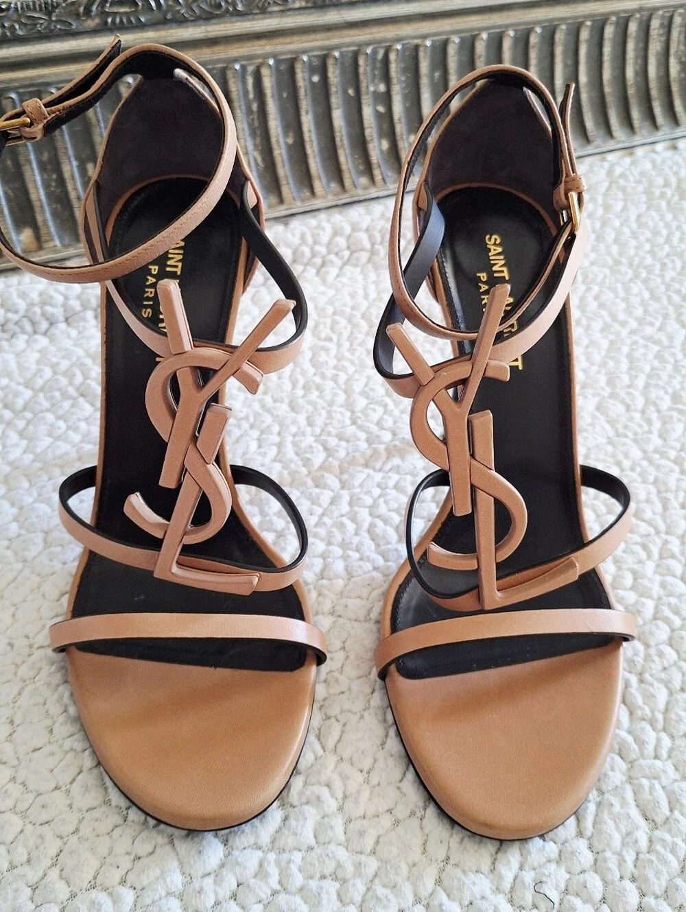 SAINT LAURENT Cassandra High Heel Sandals Gold Brown EU 38 US 8 Org $1,350 - Picture 8 of 16